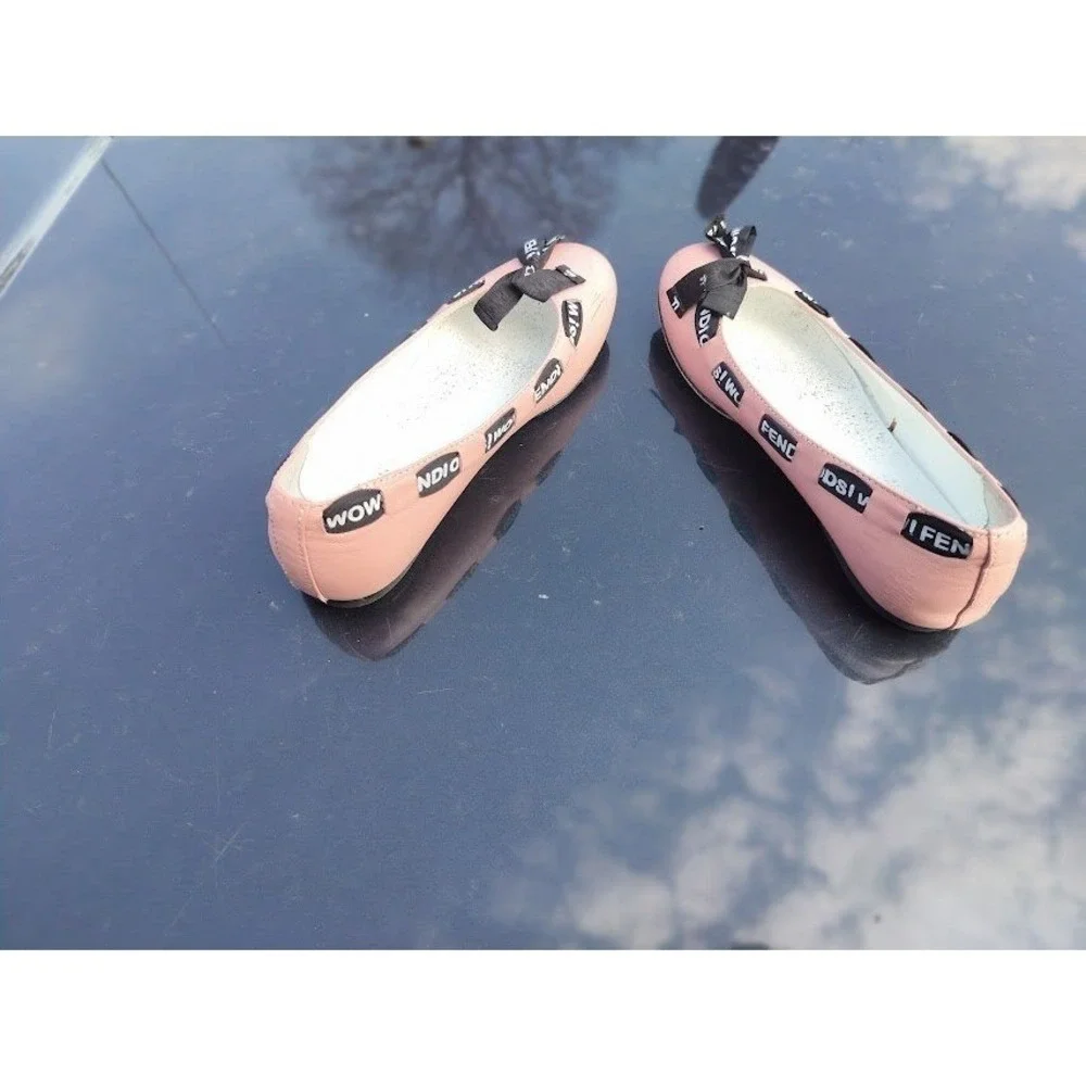 Fendi Roma Pink Leather Ballet Flats Logo Ribbon Bow Shoes Made in Italy Size 2 - Picture 5 of 9